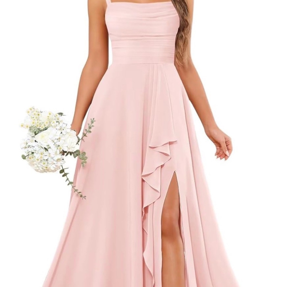 Amazon Blush Pink Sleeveless Ruffle Slit Prom Dress